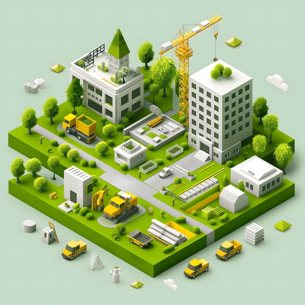 Isometric Construction Site with Vehicles and Machinery