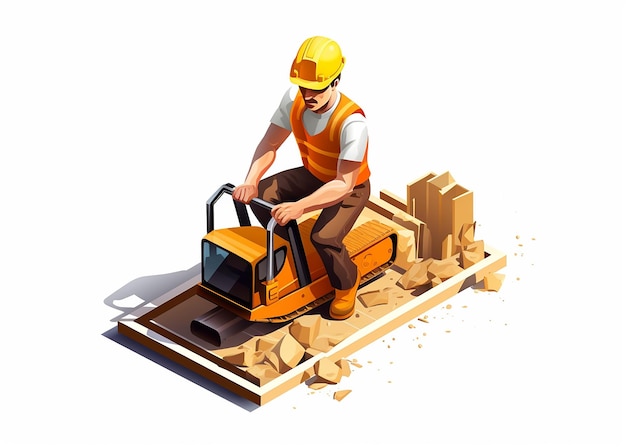 Isometric Construction Worker on White Background