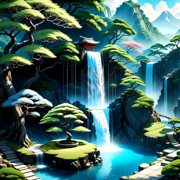 isometric cut square 3d model a landscape including a waterfall a bonsai tree with a tree swin