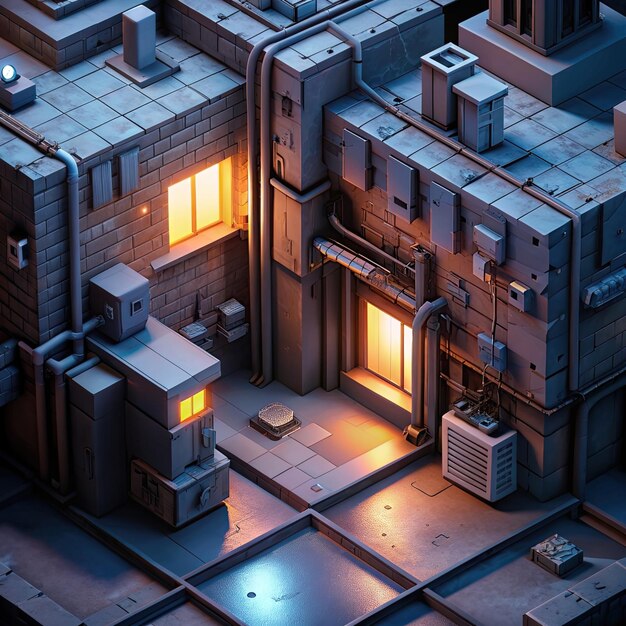 isometric cyberpunk alleyway