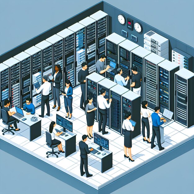 Photo isometric datacenter server room with datacenter and people vector illustration