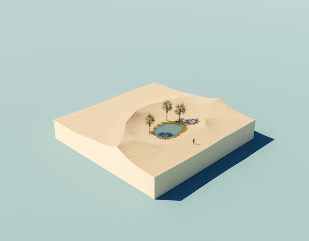 isometric desert with a small lake and a person in a suit lost