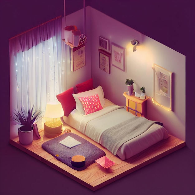 Isometric design room interior - digital painting.