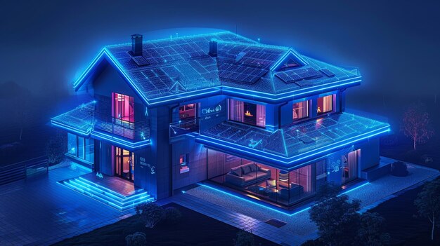 Isometric design of smart home technology with objects controlled by wireless internet 5G Development programming of intelligence algorithms smart house 3D visualization of smart home technology