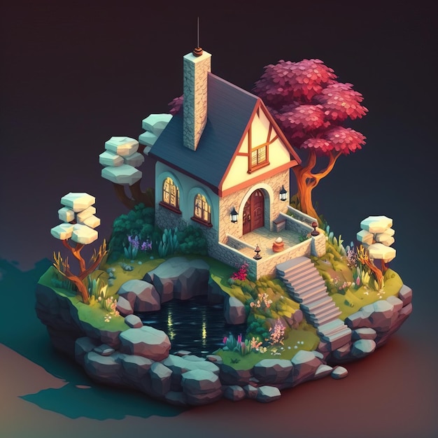 Isometric diorama of cute house with trees and water Digital illustration