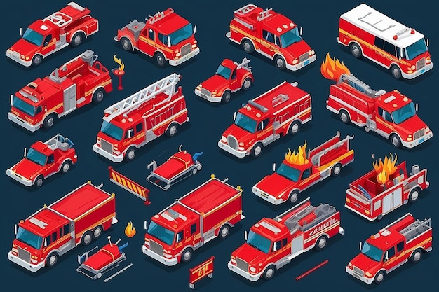 Photo isometric fire truck fire engine vector illustration collection