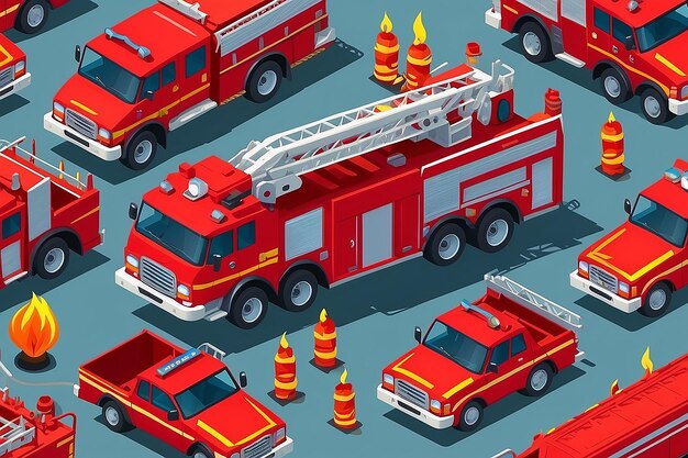 Isometric fire truck Fire engine Vector illustration Collection