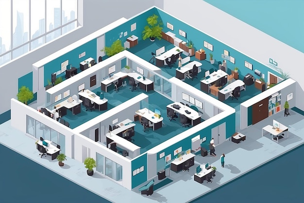 Isometric flat 3d abstract office floor interior departments concept vector conference hall offices workplaces director of the office interior