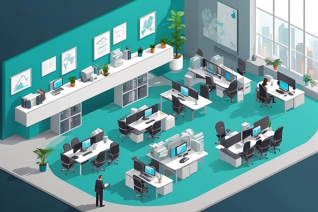 Isometric flat 3d abstract office floor interior departments concept vector conference hall offices workplaces director of the office interior