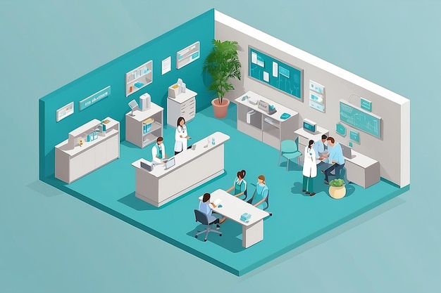 Photo isometric flat interior of hospital room pharmacy doctors office waiting room reception doctors treating the patient