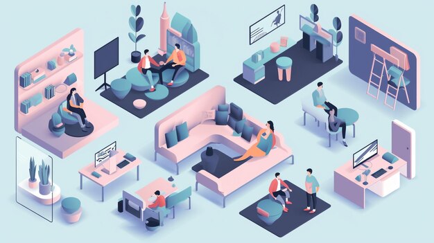 Isometric freelancer coworking space set