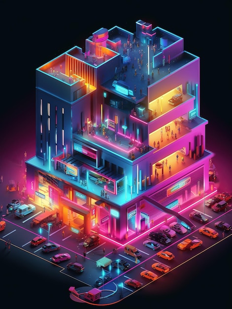 Isometric futuristic building with neon colorful lights Technological cyber building on dark