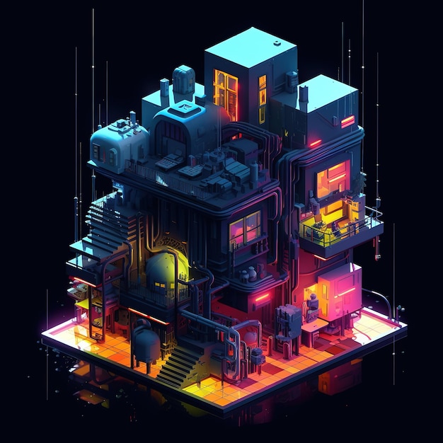 Isometric futuristic building with neon colorful lights Technological cyber building on dark