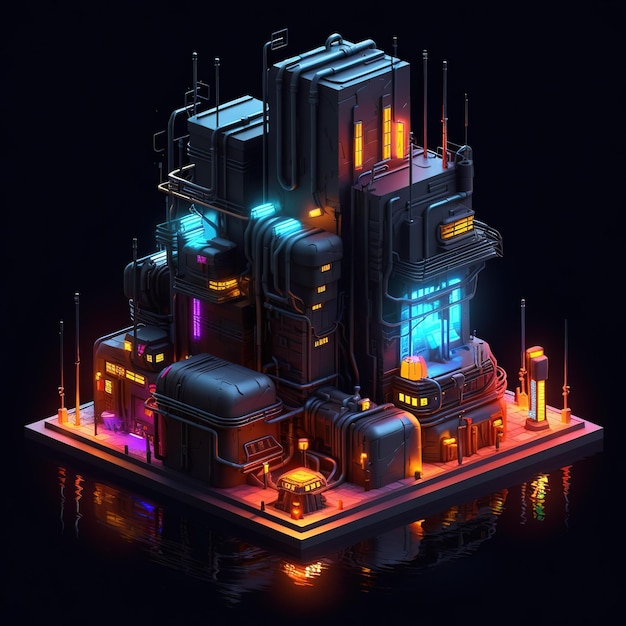 Isometric futuristic building with neon colorful lights Technological cyber building on dark