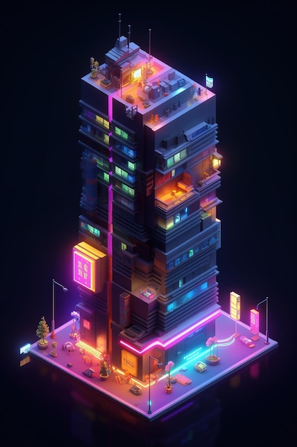 Isometric futuristic building with neon colorful lights Technological cyber building