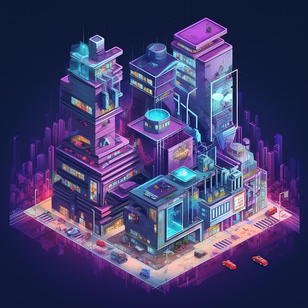 Isometric futuristic building with neon colorful lights Technological cyber neon lights building