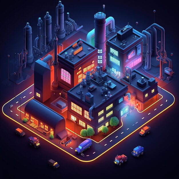 Isometric futuristic building with neon colorful lights Technological cyber neon lights building