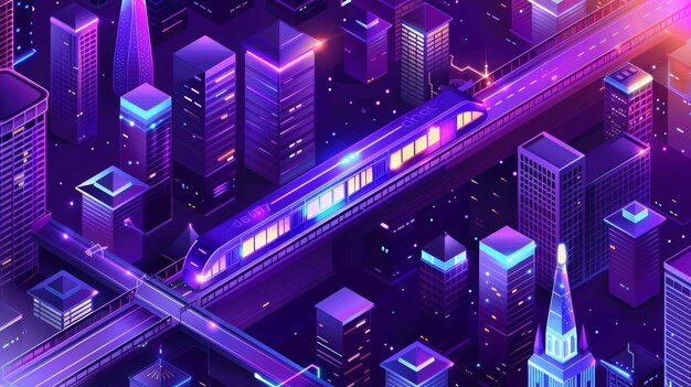 Photo isometric futuristic city with skyscrapers railway and subway modern purple poster for company website innovation in urban infrastructure