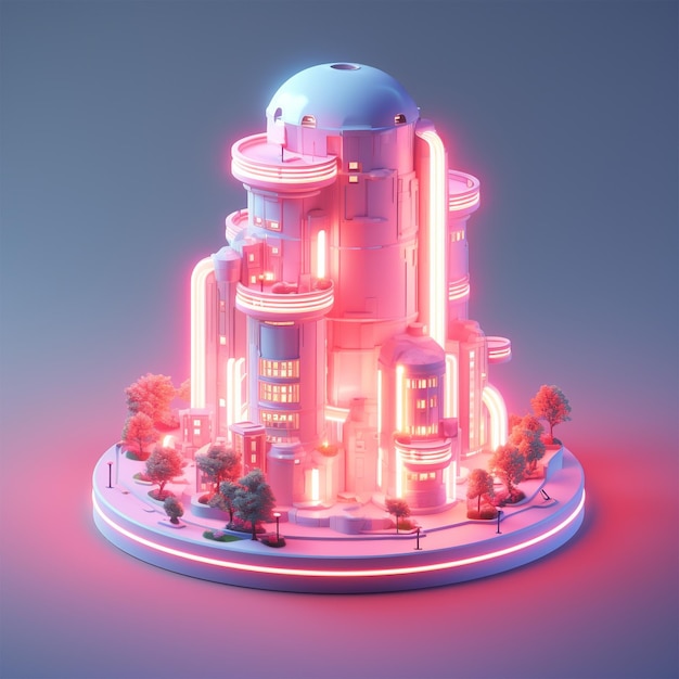 isometric futuristic skyscraper neon light