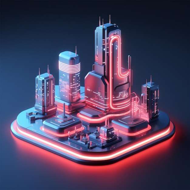 等尺性の未来的な超高層ビルのネオンの光