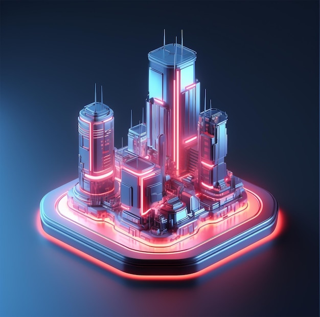 isometric futuristic skyscraper neon light