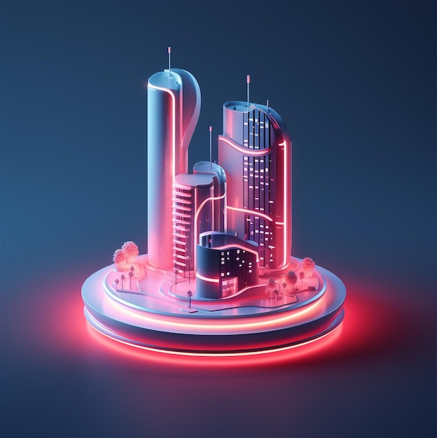 isometric futuristic skyscraper neon light