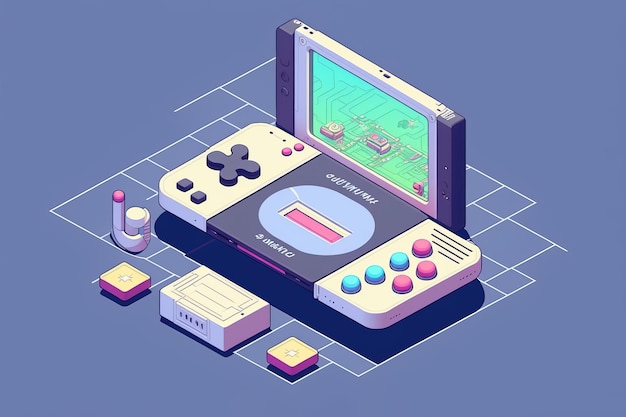 Isometric game development concept for mobile app featuring game console