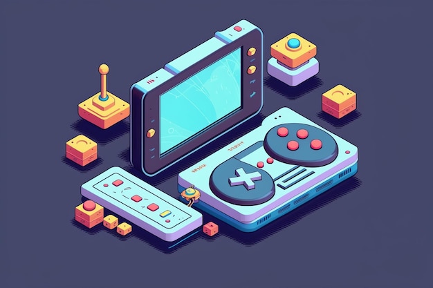 Isometric game development concept for mobile app featuring game console