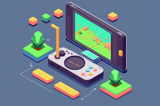 Photo isometric game development concept for mobile app featuring game console