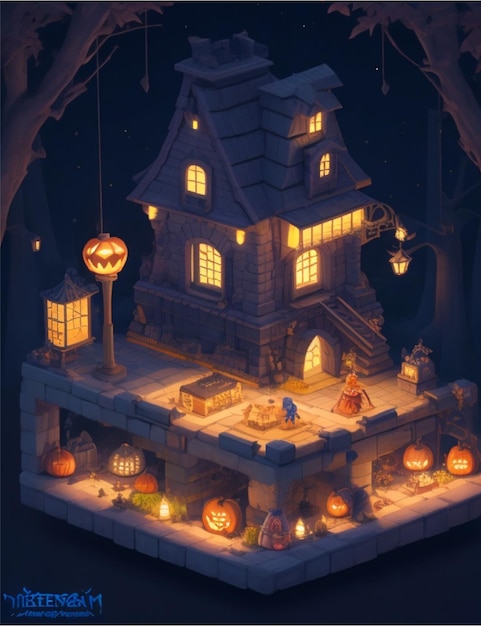 isometric helloween pumpkin in night view