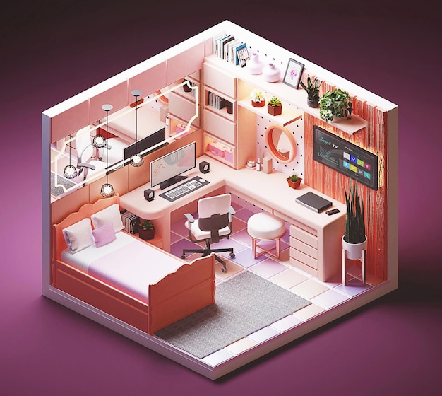 Photo isometric home office with furniture 3d illustration