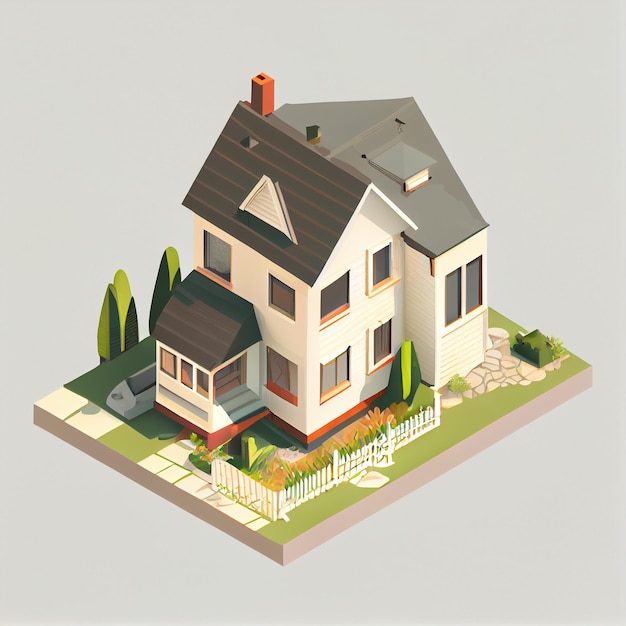 Isometric house. Perspective illustration of an isolated house with garden on an isometric plane.