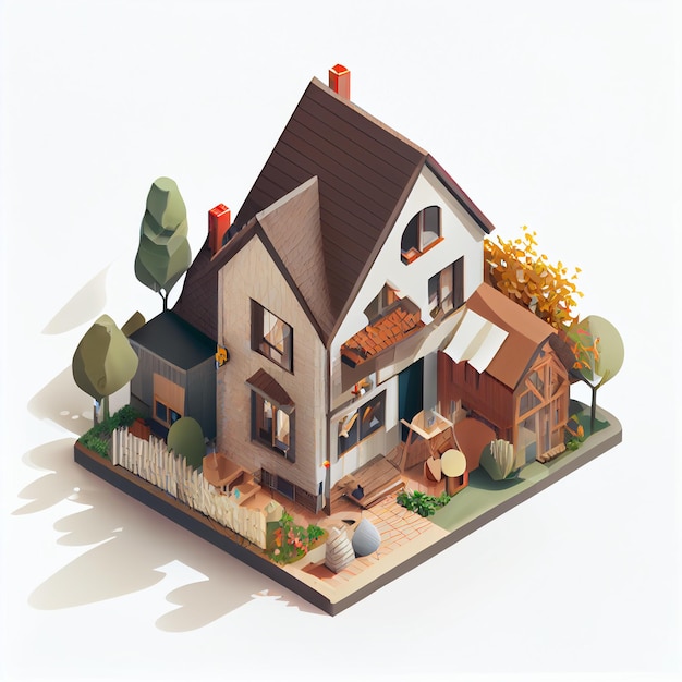 Isometric house. Perspective illustration of an isolated house with garden on an isometric plane.