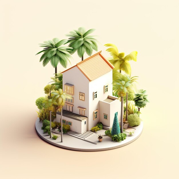 Isometric house with palms around world habitat day concept