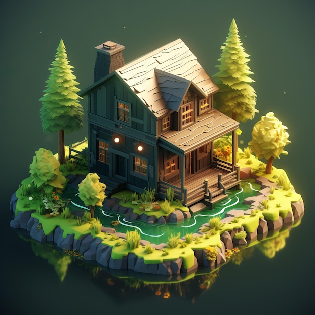 Isometric house with trees on the pond 20