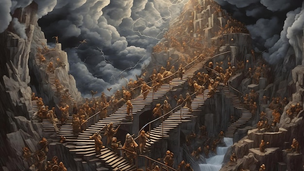 isometric a huge number of dwarves march up a extreme long ringing infinite spiral staircase