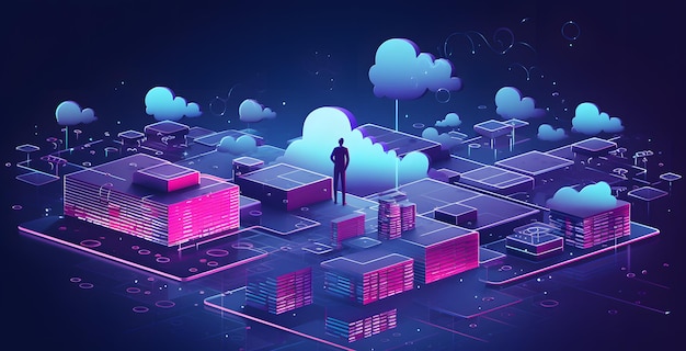 Isometric icon of data centers with cloud computing technology on a blue background