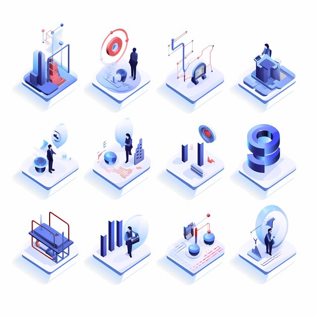 Photo isometric icons of analytics modern futuristic white background