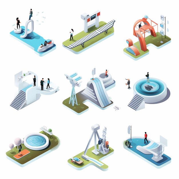 Photo isometric icons of journey modern futuristic white background