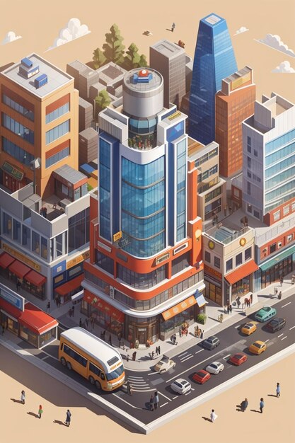 Изометрическая иллюстрация оживленного делового района с различными магазинами, ресторанами и