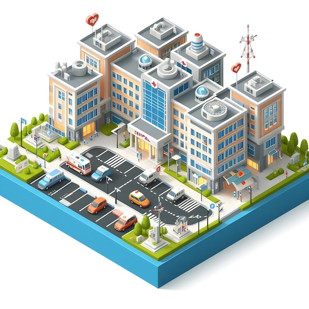 Isometric illustration of a bustling hospital complex featuring an ambulance various vehicles ped