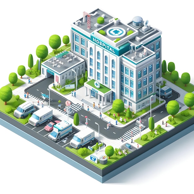 Isometric illustration of a bustling hospital complex featuring an ambulance various vehicles ped