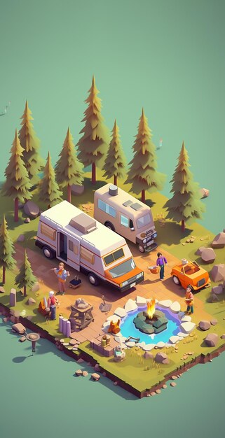 an isometric illustration of a family camping