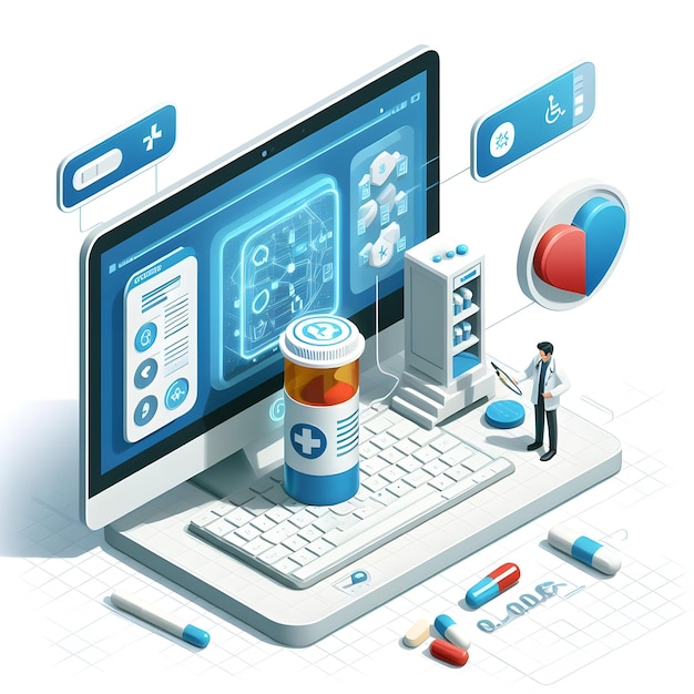 Isometric illustration featuring a laptop accompanied by pills and medicine