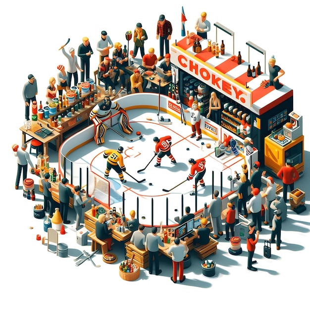 Isometric illustration of a hockey game with players a puck and a goal Exciting action on the ice