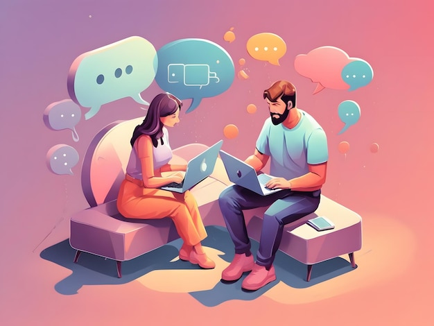 An isometric illustration of a man and woman with laptop and word bubbles