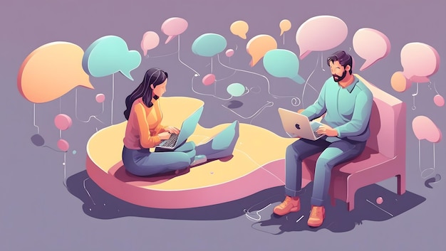 An isometric illustration of a man and woman with laptop and word bubbles