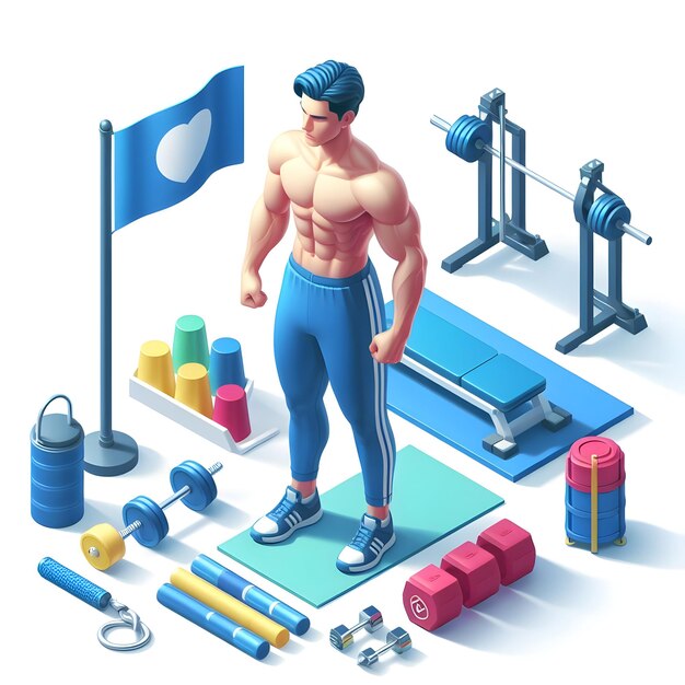 Photo isometric illustration of a muscular man in blue sportswear standing by gym equipment weights barb