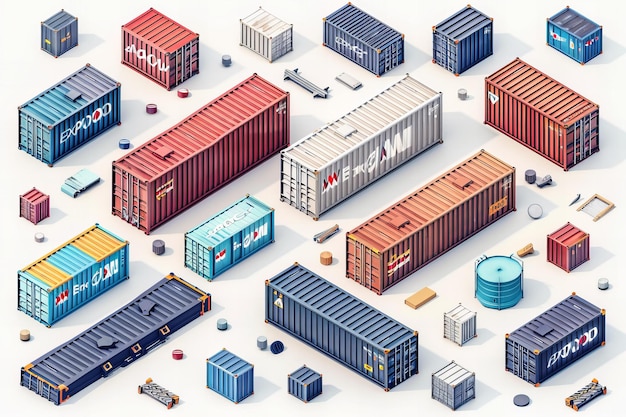 Photo isometric illustration of opened and closed shipping containers