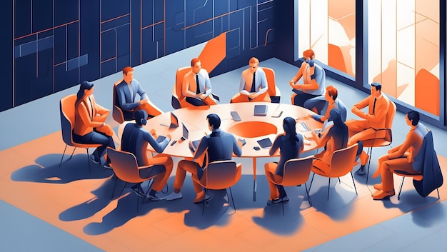 Isometric illustration of people sitting around in a meeting at office